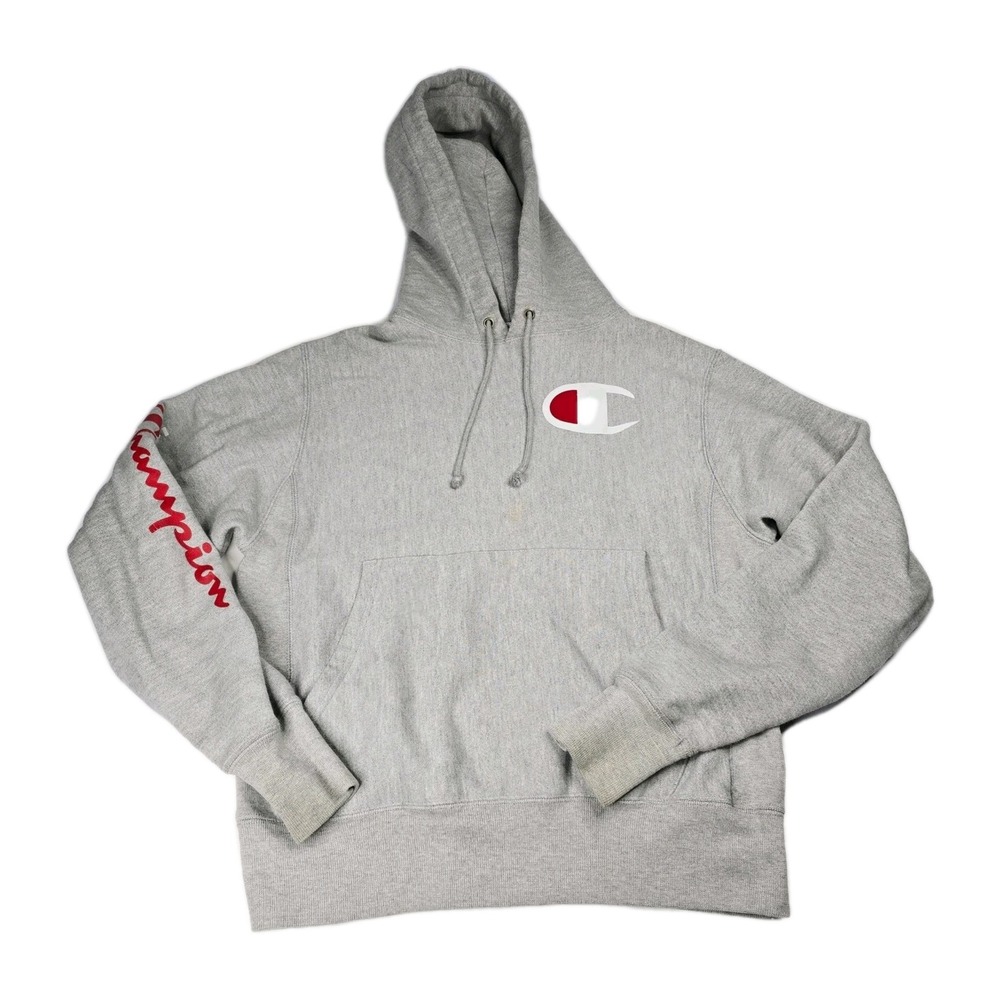 Champion Reverse Weave Hoodie Mens Small Gray Spellout Pullover Sweatshirt